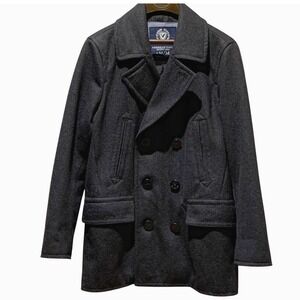 American Eagle Pea Coat Mens M Gray Wool Blend Anchor Buttons Nautical Fisherman